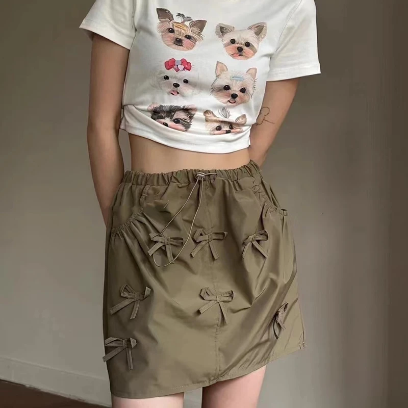 意森臻品-2024新品夏季松紧腰蝴蝶结工装短裙半身裙时尚花苞裙 女