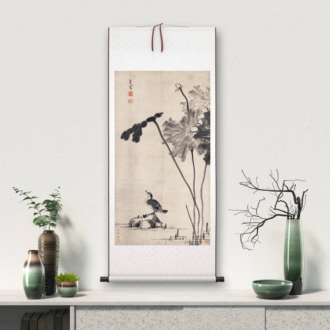 （微喷装饰画）《荷花水禽》花鸟茶室客厅书房高清卷轴挂画