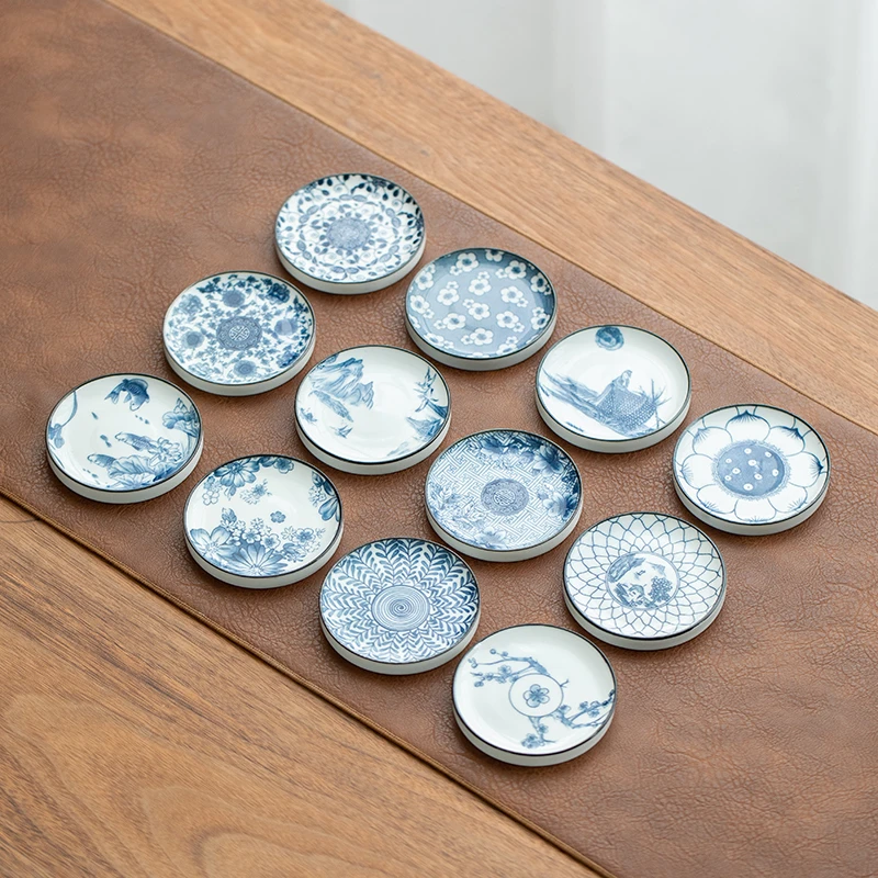 复古青花陶瓷茶杯垫圆形隔热垫日式家用茶垫功夫茶具零配件小茶托