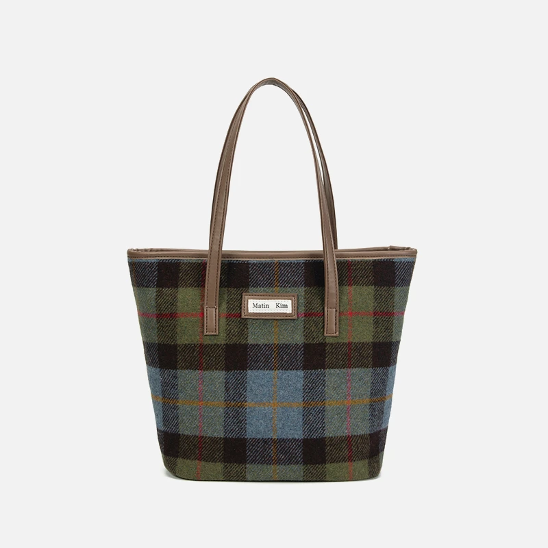 MATIN KIM时尚女士经典格子格纹通勤单肩包腋下条纹绿色百搭