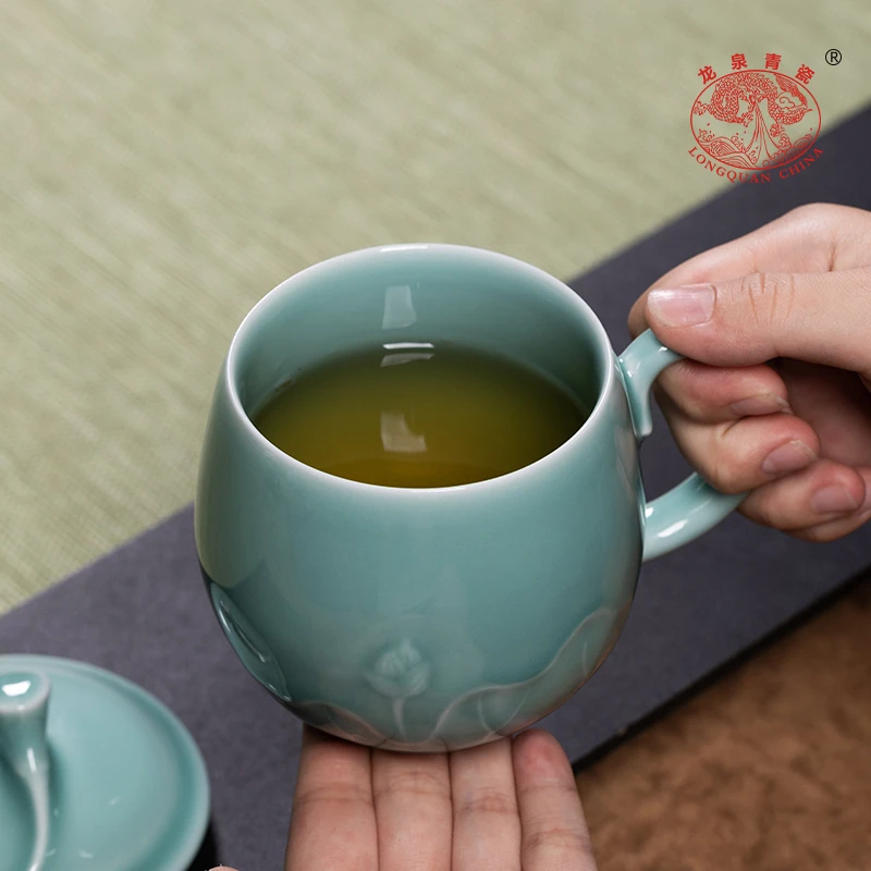 龙泉青瓷办公室茶杯中式泡茶带盖陶瓷马克杯水杯家用个人喝水杯子