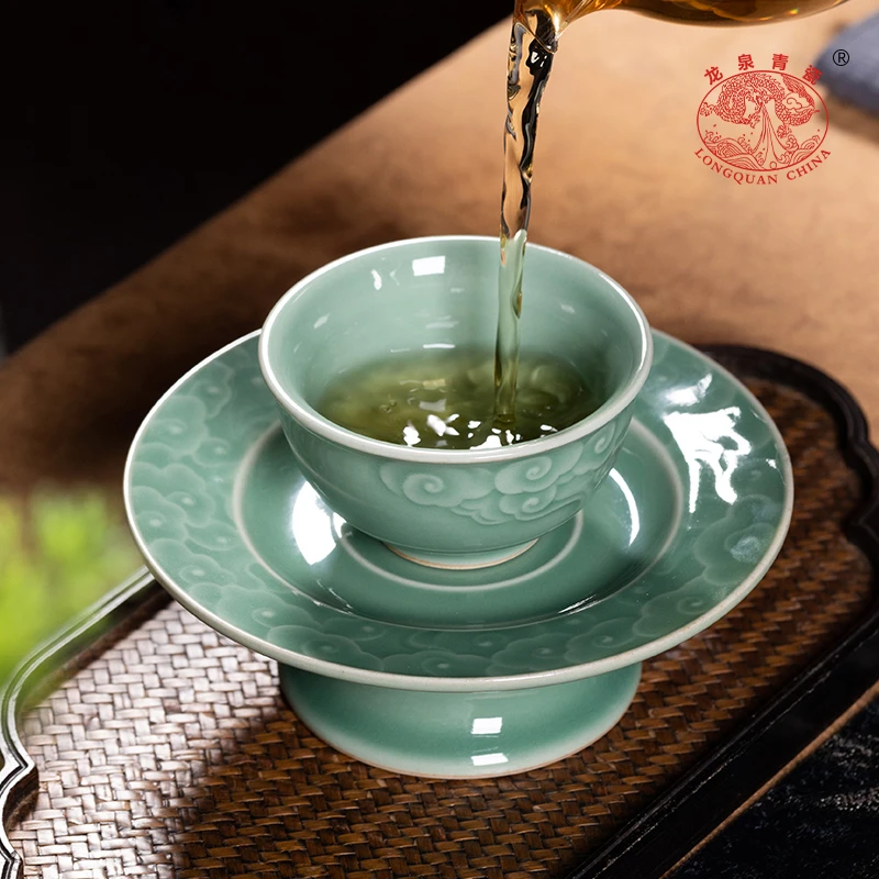 龙泉青瓷主人杯  单杯盏宋韵功夫茶具陶瓷品茗杯高档茶杯杯托套装