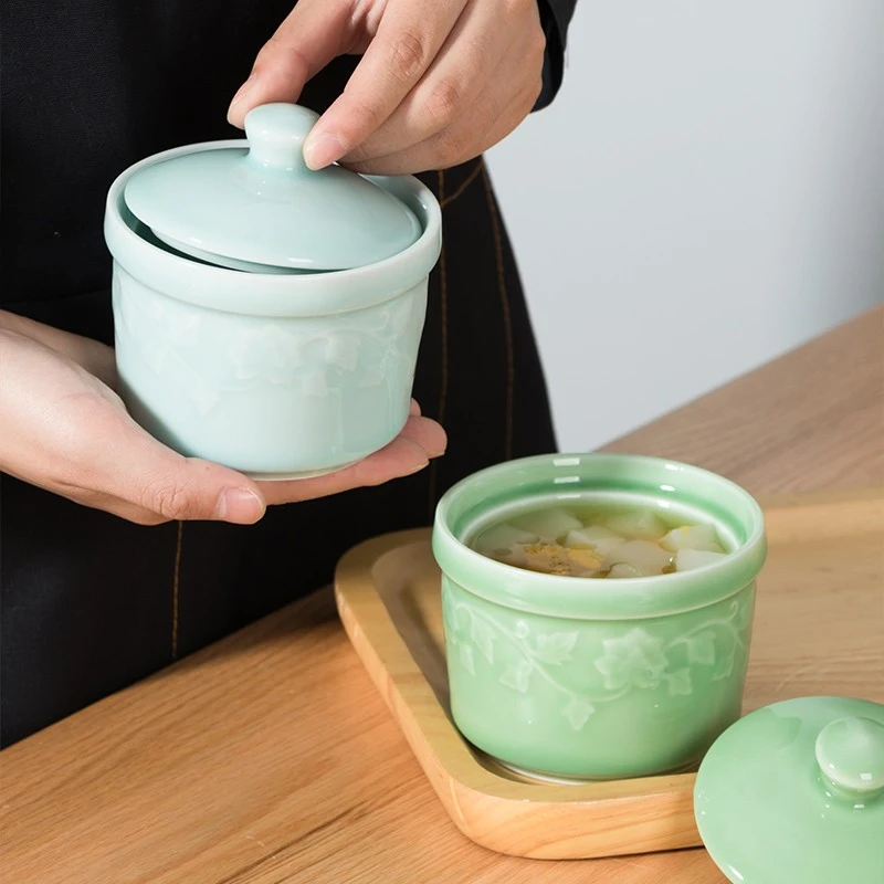 龙泉青瓷炖盅陶瓷小汤锅梅花炖锅甜品汤盅燕窝雪蛤隔水蒸蛋炖带盖