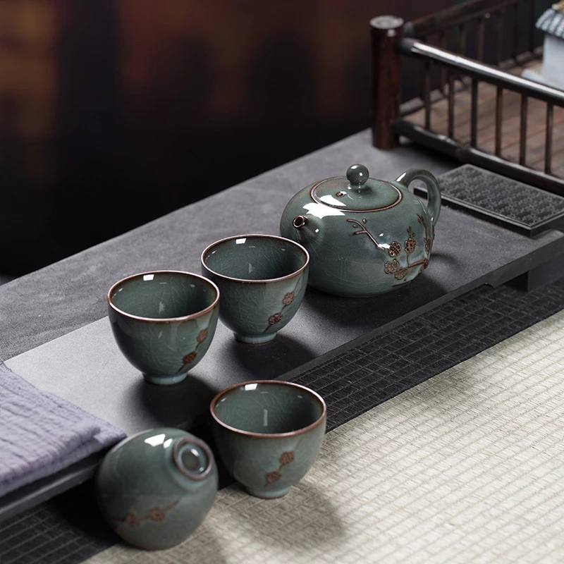 龙泉青瓷官方功夫茶具套装一壶四杯铁胎冰裂茶壶家用手工旅行茶杯