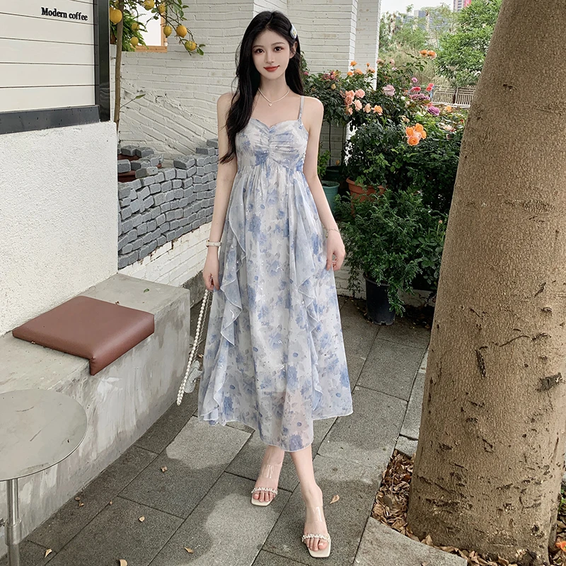 大码女装法式荷叶边吊带连衣裙夏季胖MM梨形身材长裙子防晒衫套装