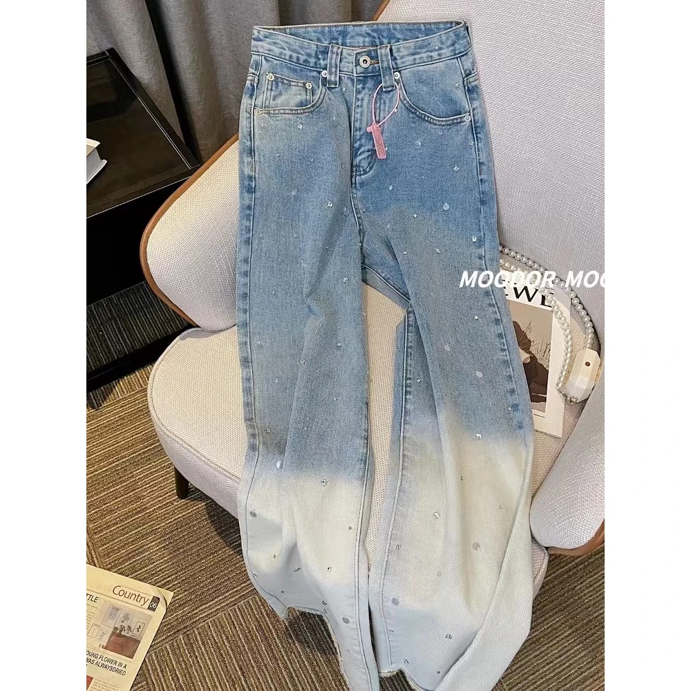 时尚显瘦高腰重工钉珠绣亮片水洗渐变蓝直筒牛仔裤0069