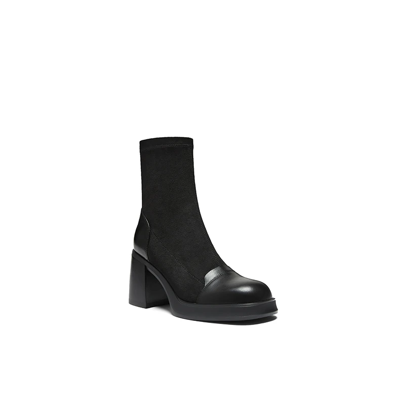 VME/舞魅时装靴拼接牛皮高跟通勤百搭粗跟弹力短靴女【VS22D6012】