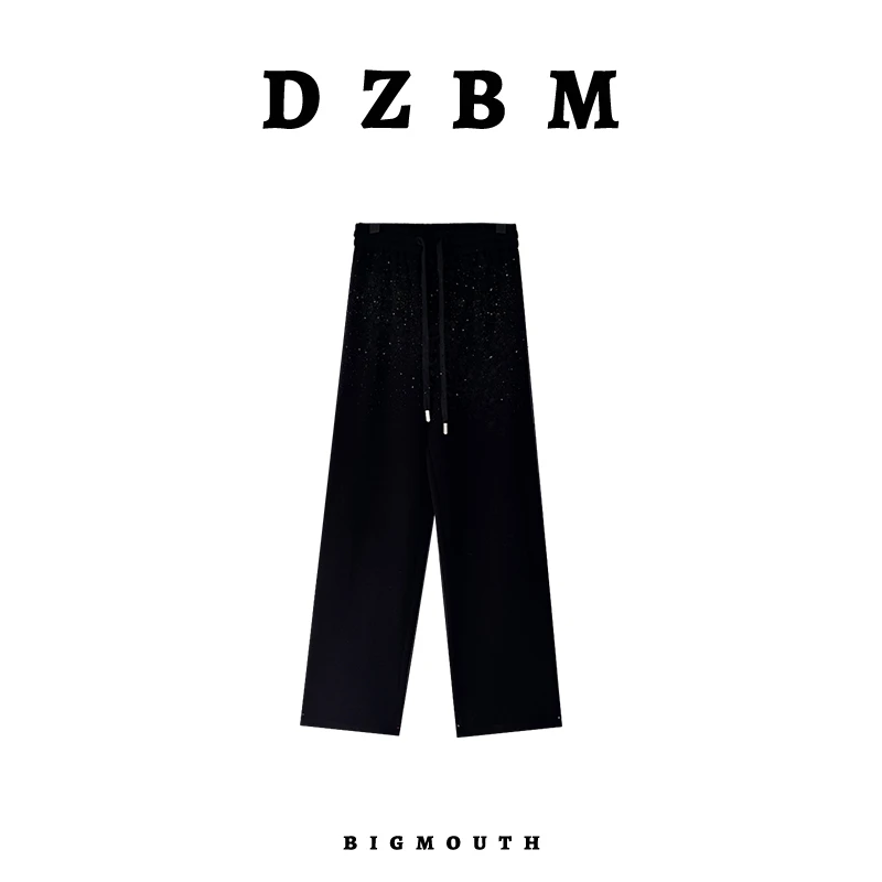 DZBM阔腿裤直筒时尚百搭轻奢初秋休闲黑色重工烫钻长裤-K1111