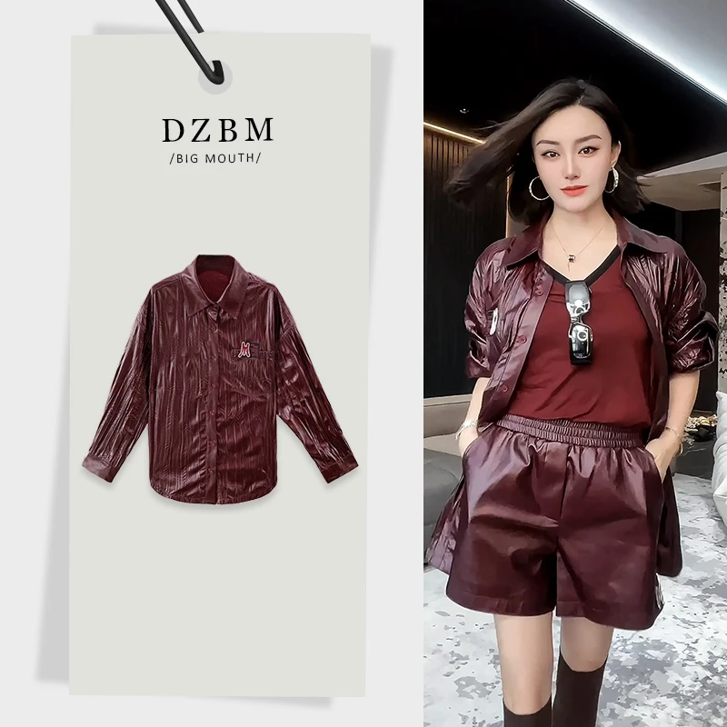 DZBM显瘦气质衬衣网红时尚休闲百搭M标亮面褶皱衬衫外套-W5886