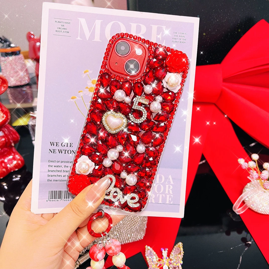 【苹果/华为/OPPO/VIVO/小米】高定红色爱心珍珠花朵镶满贴钻手机壳