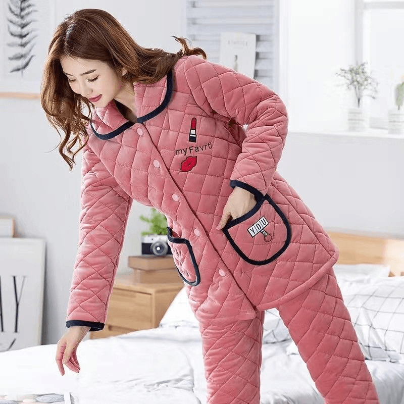 睡衣女秋冬三层加厚珊瑚绒夹棉保暖加绒法兰绒可爱棉袄家居服套装