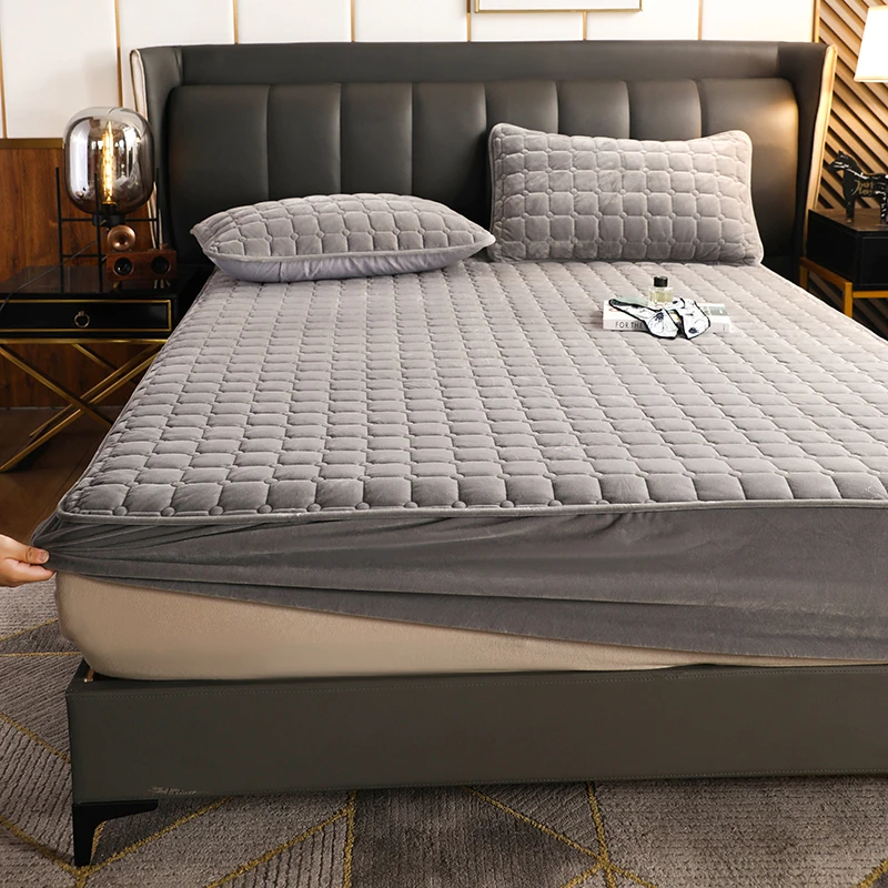 无印风加绒加厚水晶绒夹棉床笠防滑床三件套保暖保护套秋冬床笠