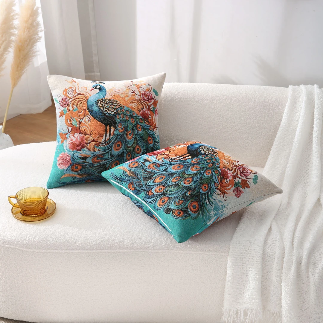 [蓝色孔雀抱枕两件装]美式轻奢加厚抱枕套靠垫套卧室靠枕方形