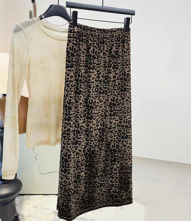 复古时髦豹纹印花丝绒半身裙女秋冬高腰包臀裙开叉松紧腰一步长裙