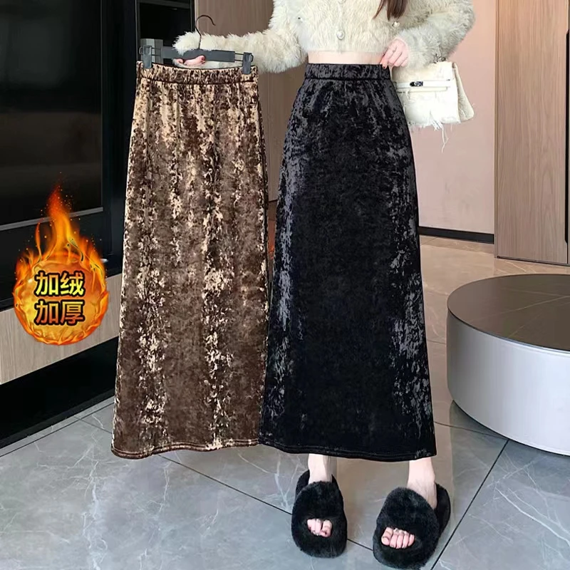 气质金丝绒半身裙中长款裙子加绒加厚直筒一步裙后开叉高腰包臀裙