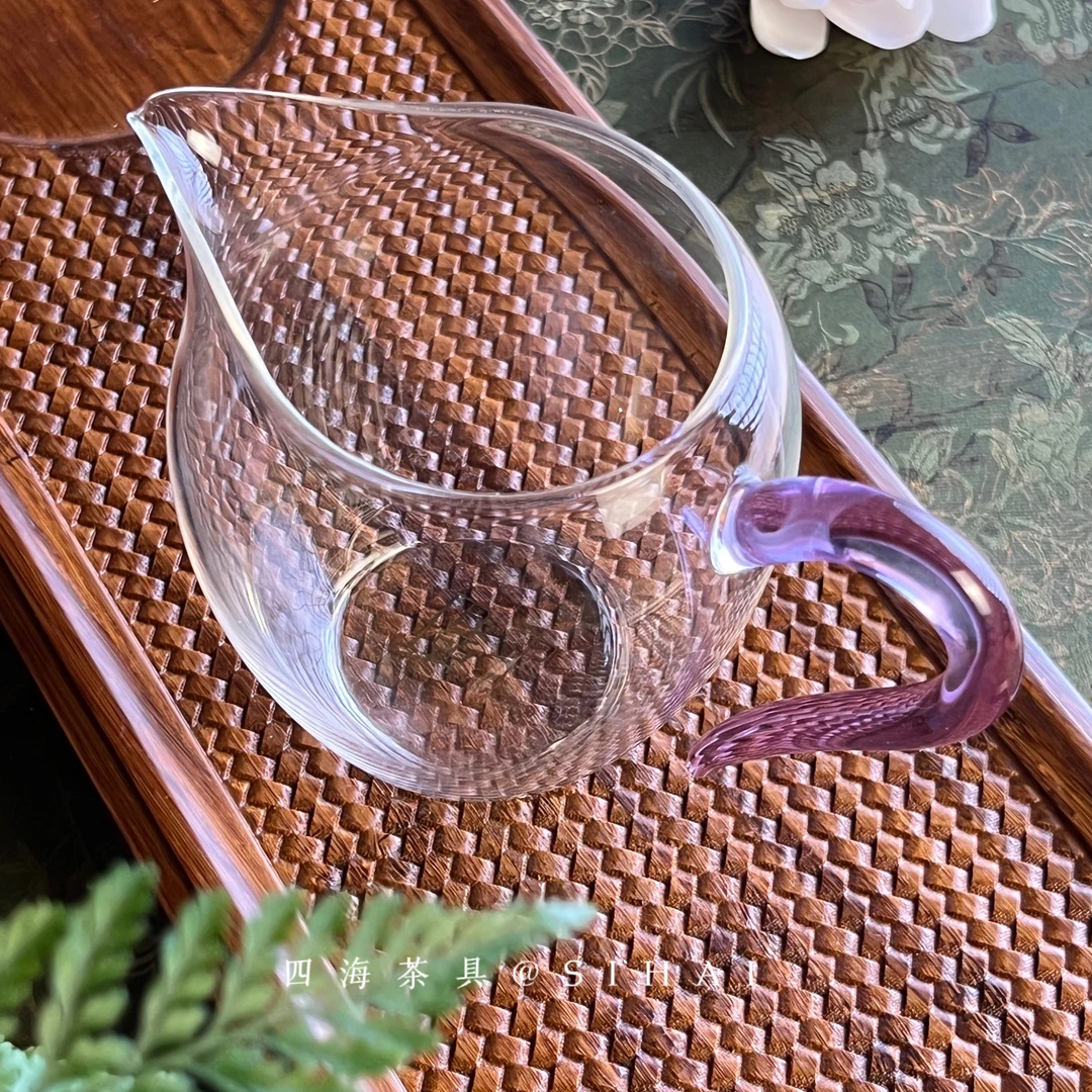 【灌玉玻璃紫把公道杯】高硼硅玻璃紫把企鹅公道杯不烫手茶海