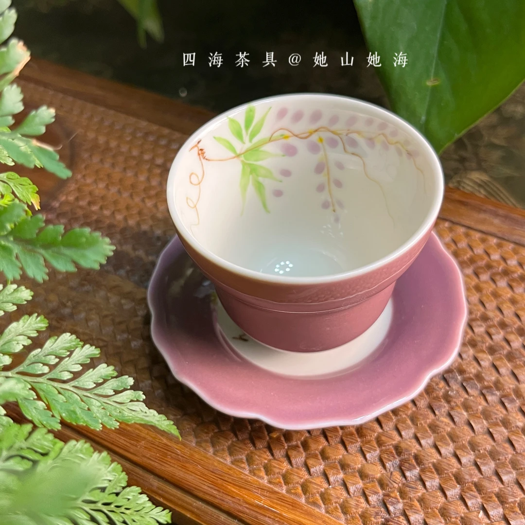 【紫藤花葫芦杯+杯垫】紫色手绘紫藤花釉下品茗杯和杯垫容量50ml