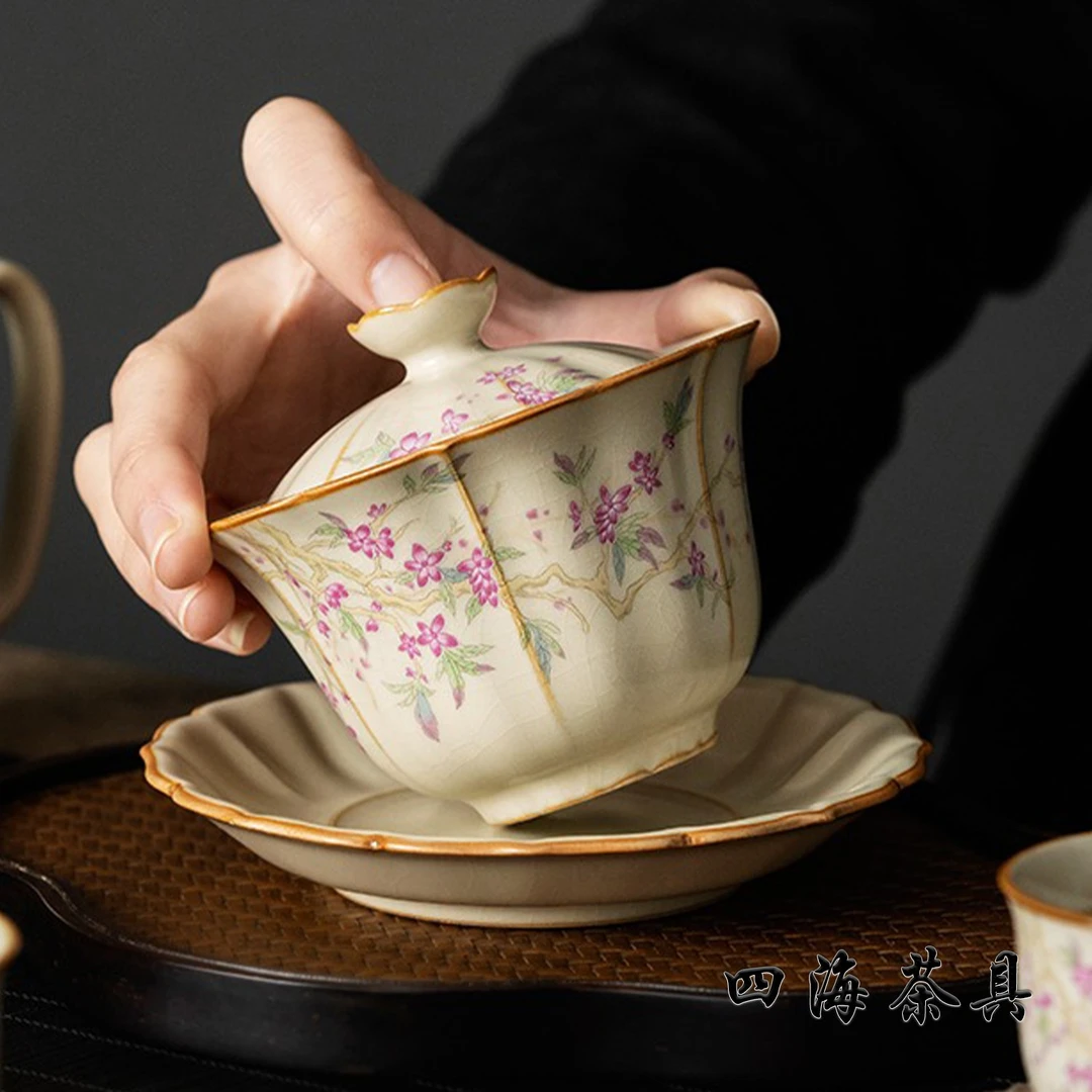 【桃花花口盖碗】盖碗米黄盖碗汝窑可开片盖碗功夫女性茶具碗