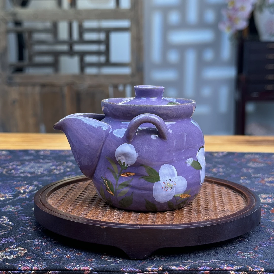 四海【紫色山茶花手抓壶】高温陶瓷手绘宝瓶手抓泡茶壶
