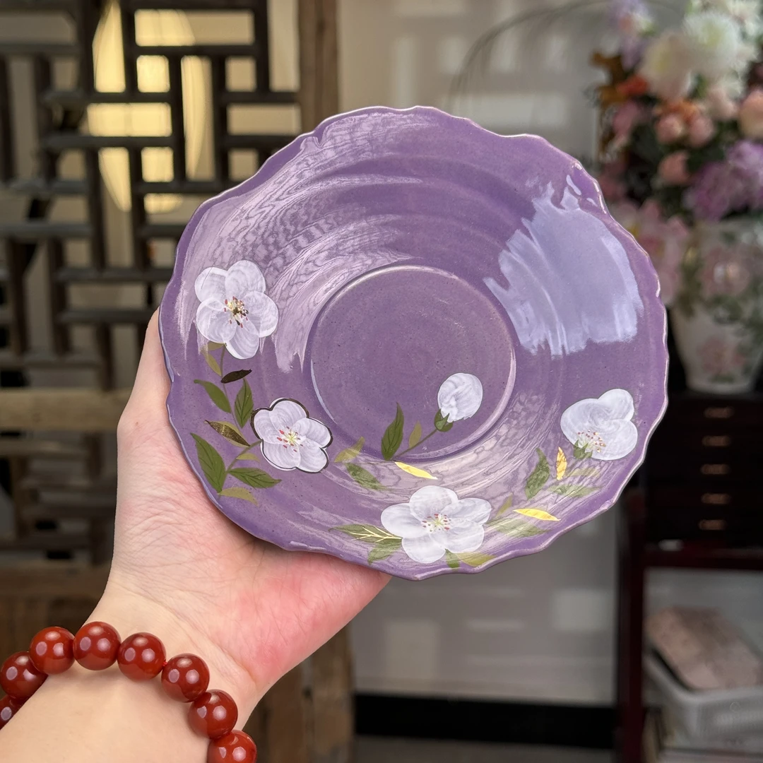 四海【紫色山茶花异形壶承】高温陶瓷手绘壶承底托茶盘