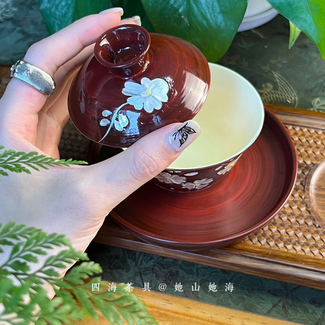 【山楂红银花盖碗】陶瓷手绘山楂红描银雕花二才盖碗轻奢功夫茶具