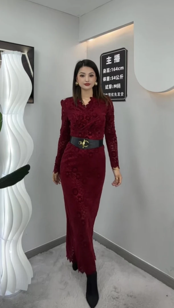 【MAYSAR】时尚蕾丝丝绒双层提花性感女人味名媛连衣裙gulsun含腰带