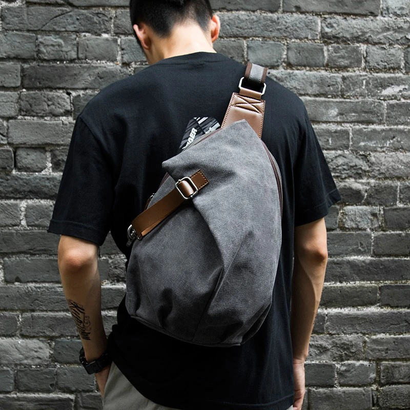日系男士胸包复古帆布斜挎包男大容量学生单肩包骑行邮差包  8002