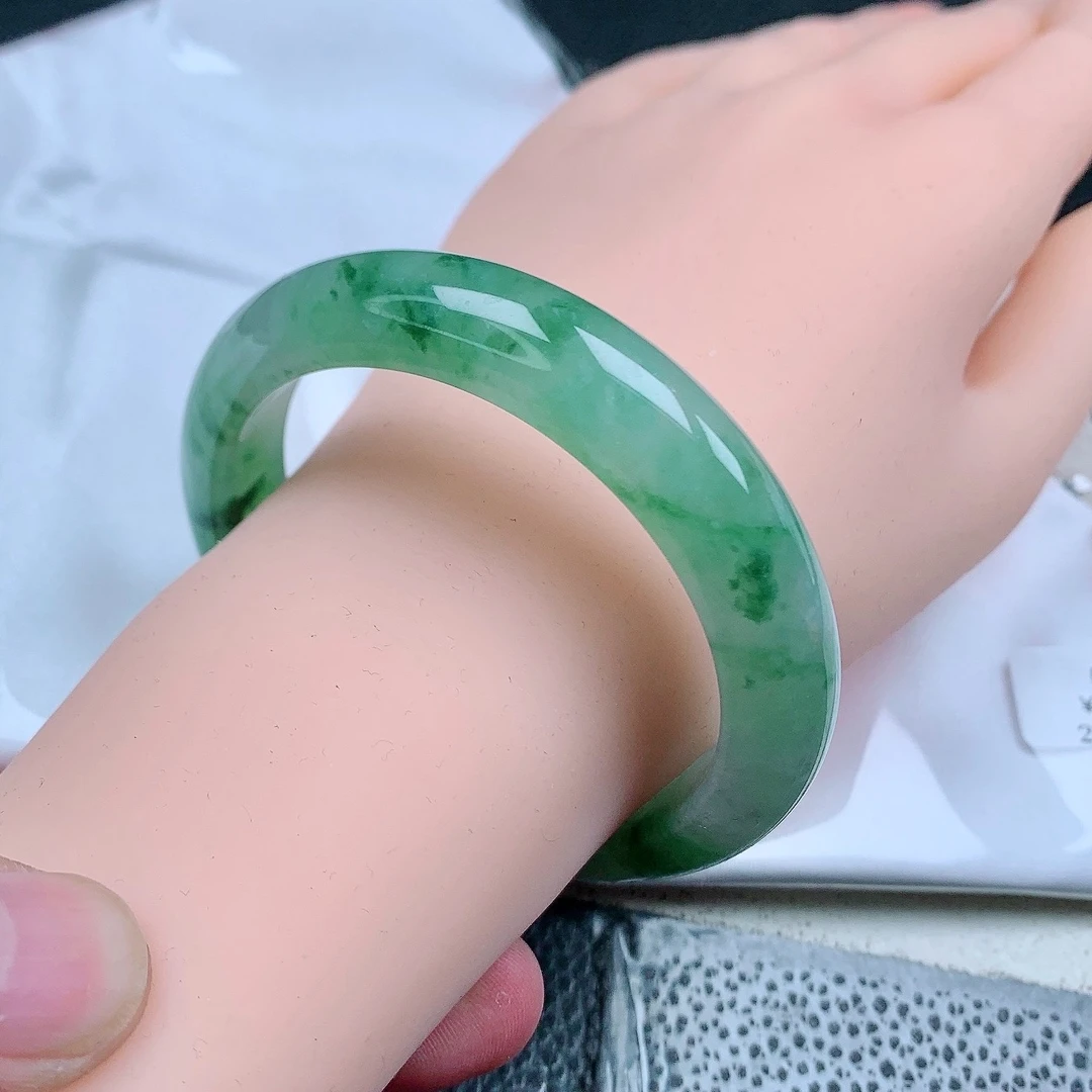 56圈口正品天然A货翡翠冰透飘绿花手镯宽边冰透精美玉镯女款证书