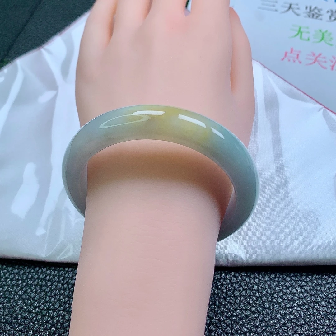 58圈口天然A货翡翠冰透水润鸡蛋黄手镯宽边飘黄翡平安镯女款