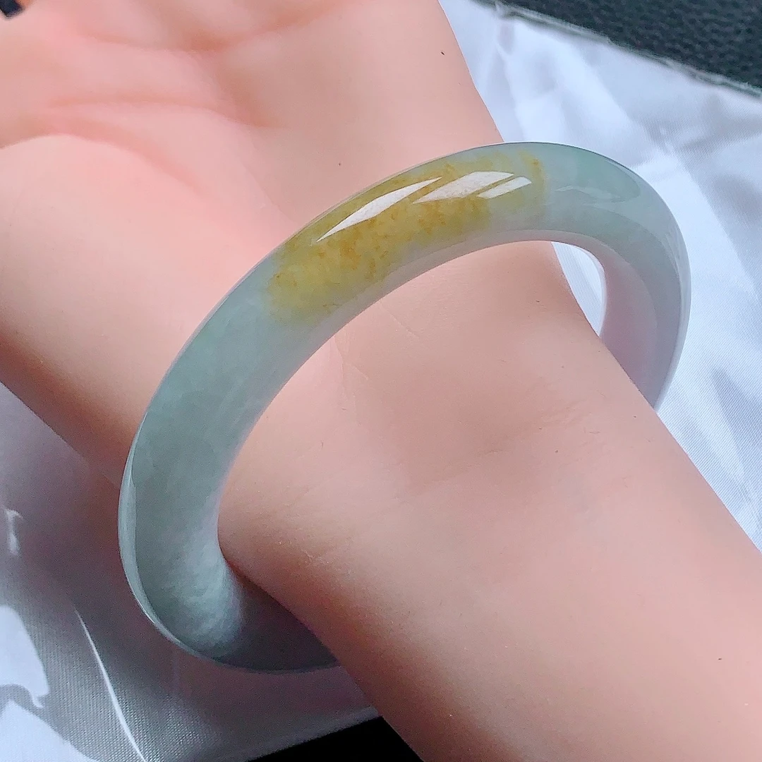 56圈口正品翡翠A货圆镯冰透飘黄翡圆条干净女士玉手镯带证书