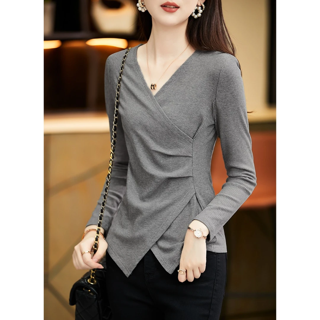 XWI/欣未2023秋款v领显瘦洋气亲肤弹力气质修身打底长袖T恤女3563