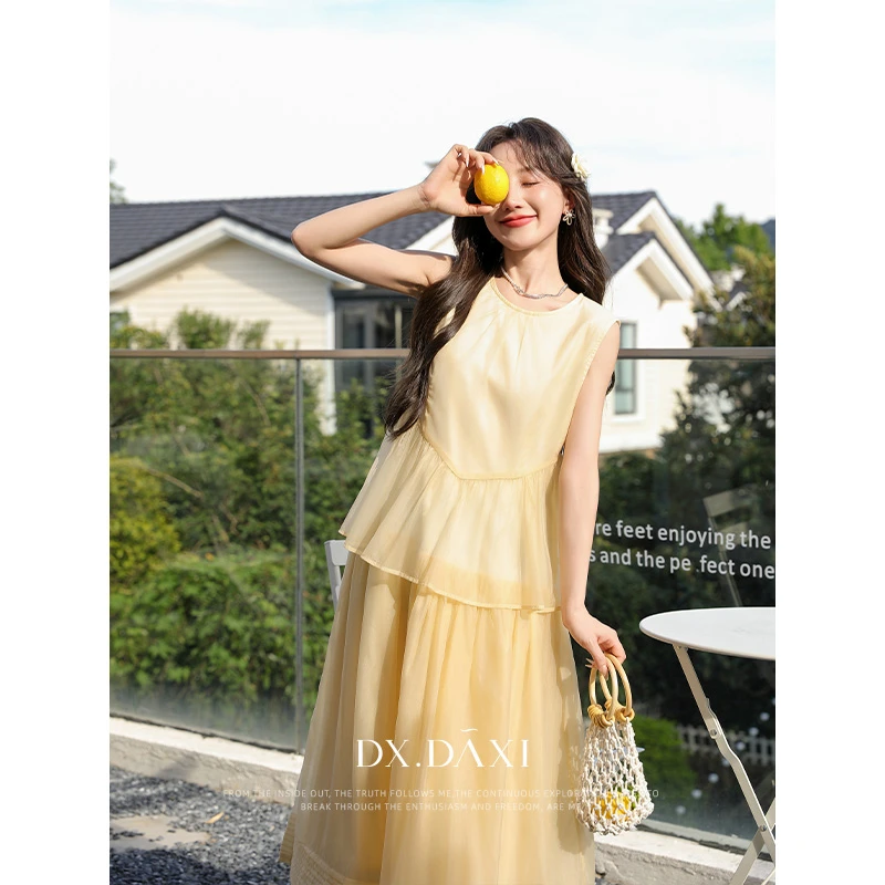 代大喜【绮梦轻纱】气质仙女纱裙法式黄色连衣裙温柔设计感中长裙
