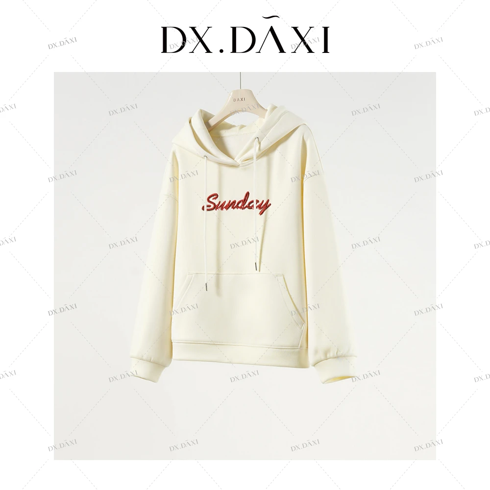 代大喜【星期天】连帽休闲百搭刺绣慵懒卫衣冬季新款加绒加厚上衣