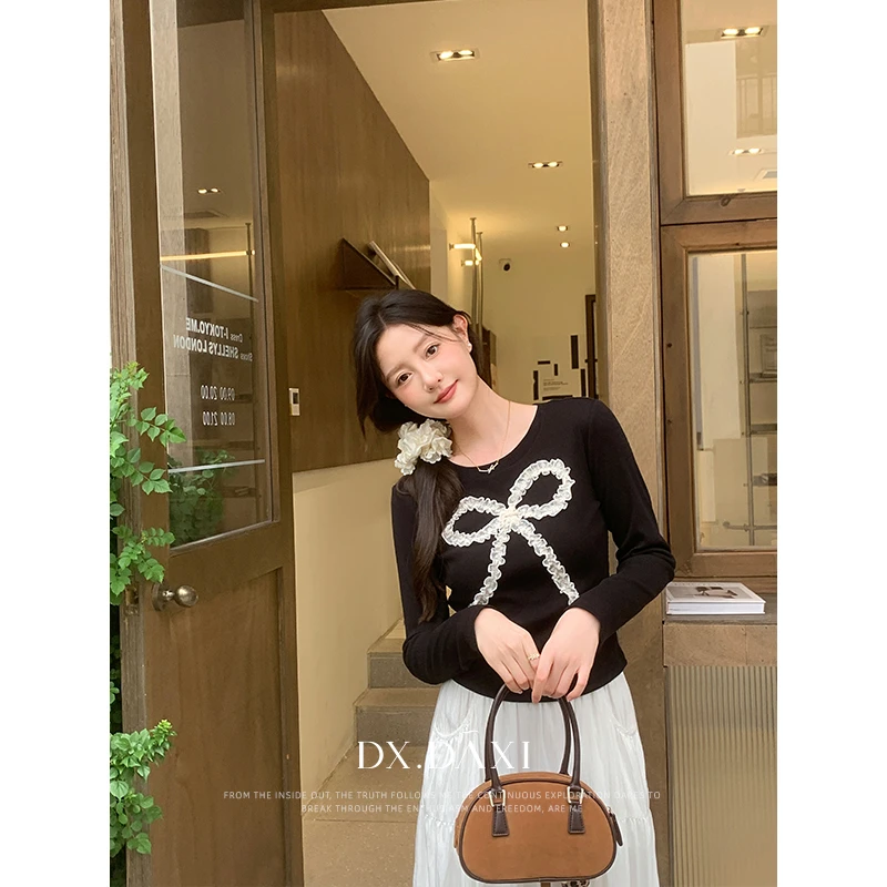 代大喜【简系美学】设计感蝴蝶结长袖针织衫2024秋款显瘦T恤上衣女