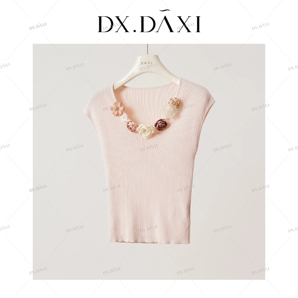 代大喜【浅笑繁花】立体花朵针织衫夏季薄款法式温柔短袖显瘦上衣