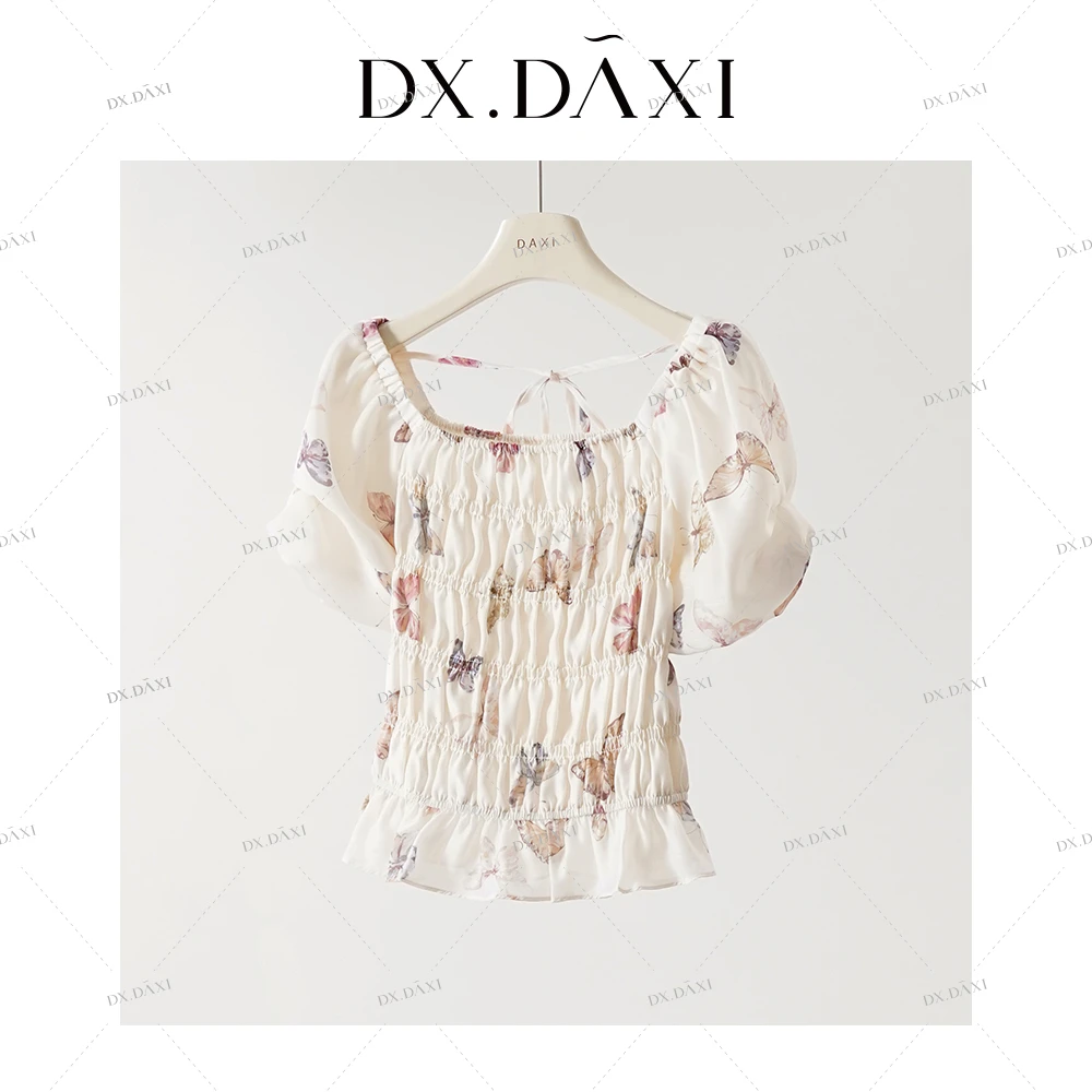 代大喜【彩蝶幻梦】法式印花方领小衫2024夏季新款气质显瘦上衣女