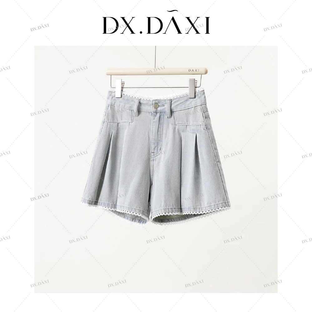 代大喜【轻盐少女】蕾丝拼接宽松蓝色牛仔百搭短裤夏季时尚休闲裤