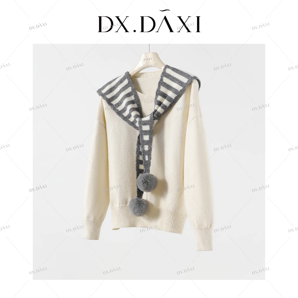 【条纹精灵】气质条纹披肩圆领针织衫冬季新款毛衣女款百搭时尚上衣