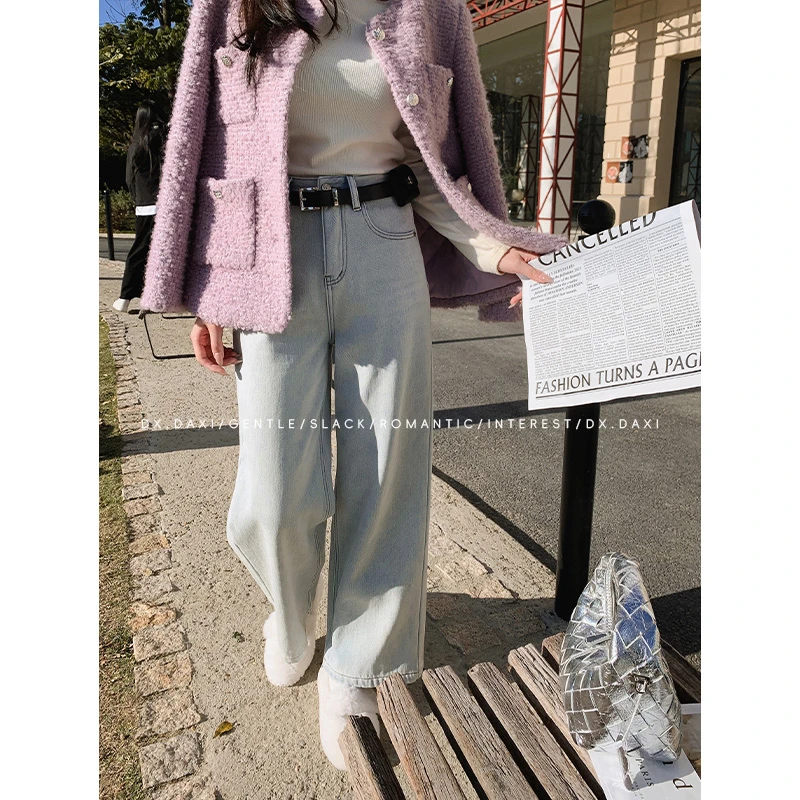 代大喜【锁温神裤】高腰简约加绒休闲百搭蓝色牛仔裤冬季新款直筒裤