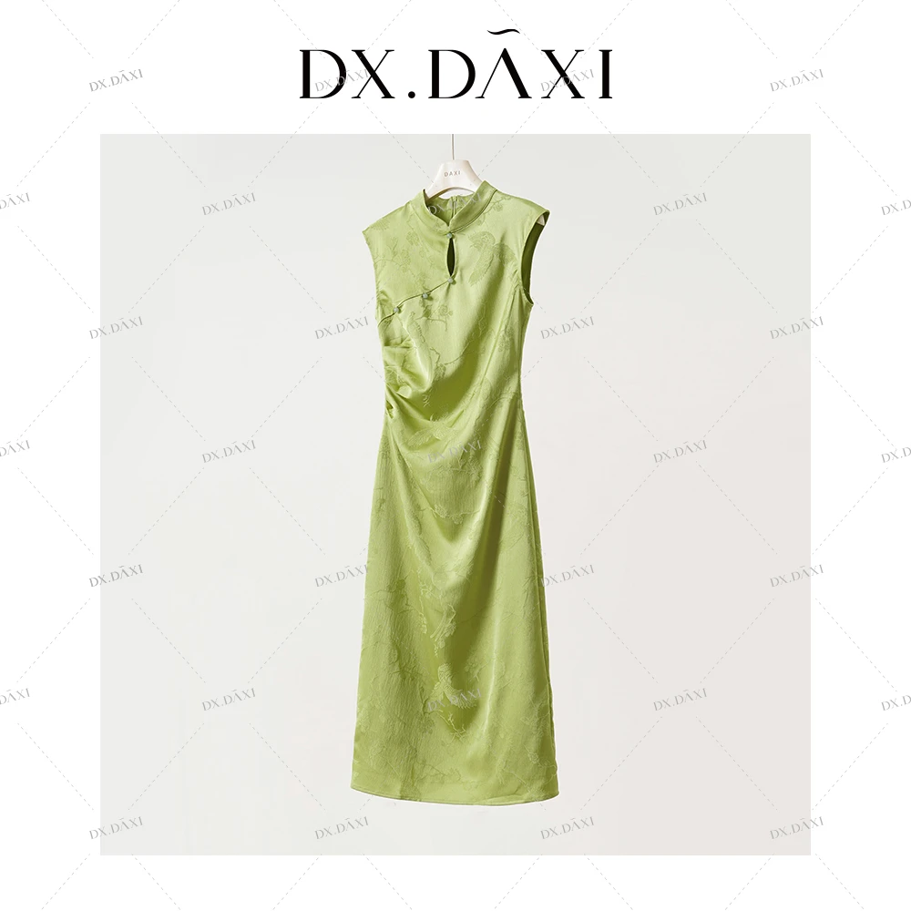 代大喜【青池】新中式改良版旗袍女绿色提花中长款连衣裙气质A字裙