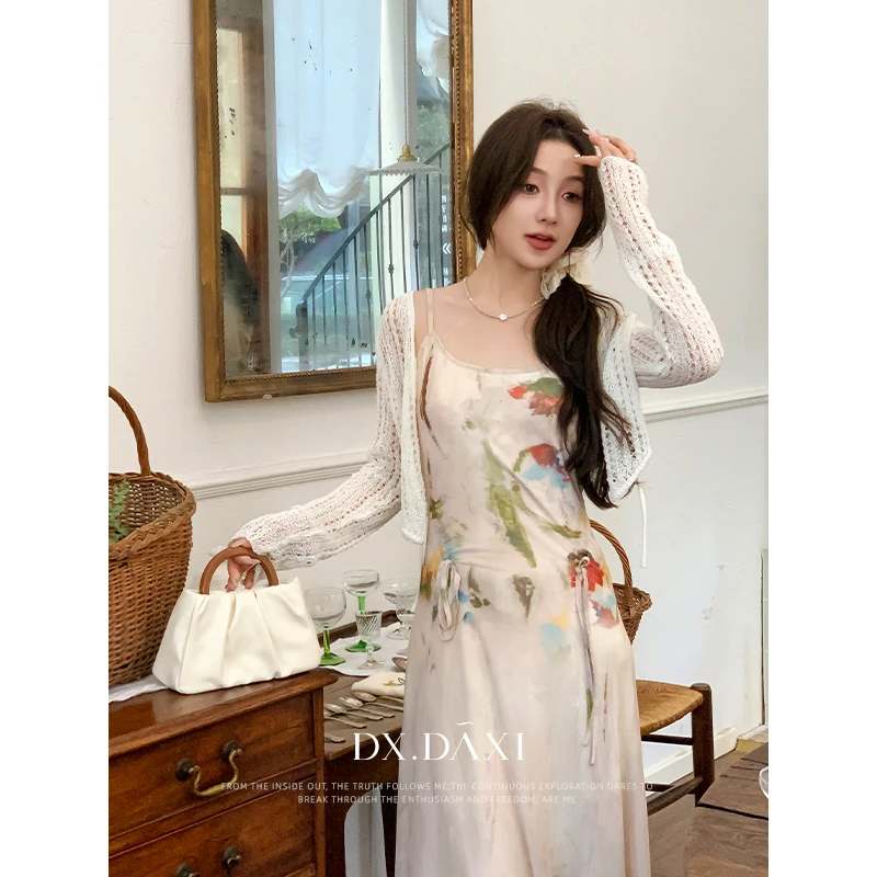 代大喜【奶油玫瑰】新中式网纱吊带裙百搭优雅秋季新款中长连衣裙