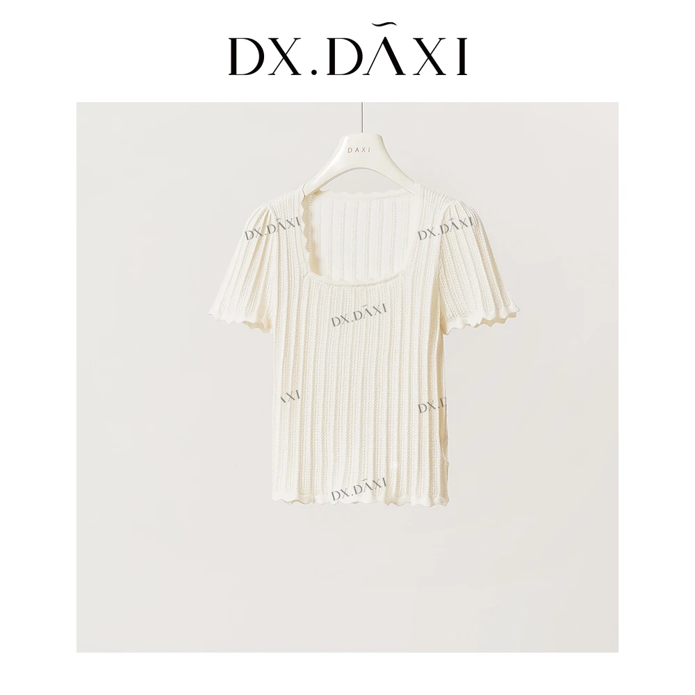 DX.DAXI【白栀茉莉】气质夏方领白色休闲短袖修身设计感显瘦女上衣