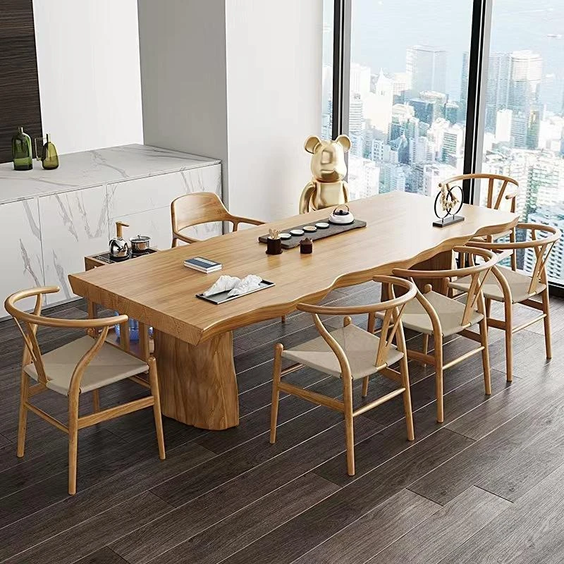 简约原木色茶桌家用客厅中式茶道桌自然边大板泡茶桌办公接待茶台