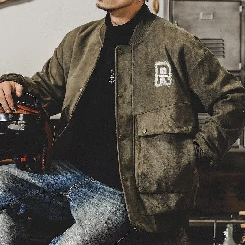 美式复古重磅保暖麂绒棒球服外套男秋冬飞行员工装教练夹克男潮