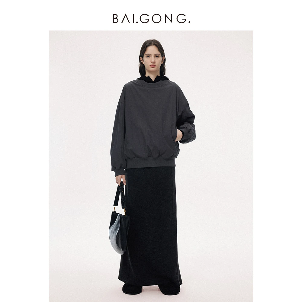 白弓BAIGONG/廓形宽松隐形拉链卫衣38915X