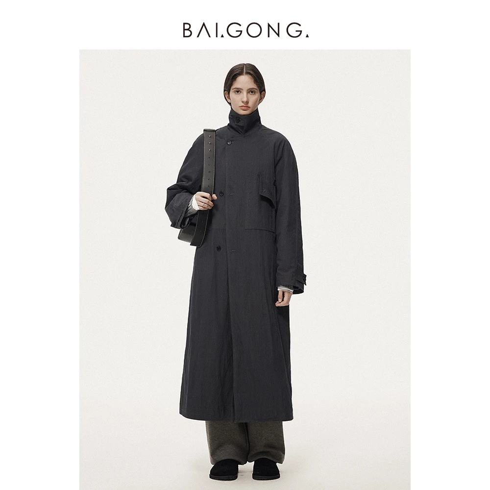 白弓BAIGONG/拿破仑领硬朗率性白鹅绒风衣外套38913X