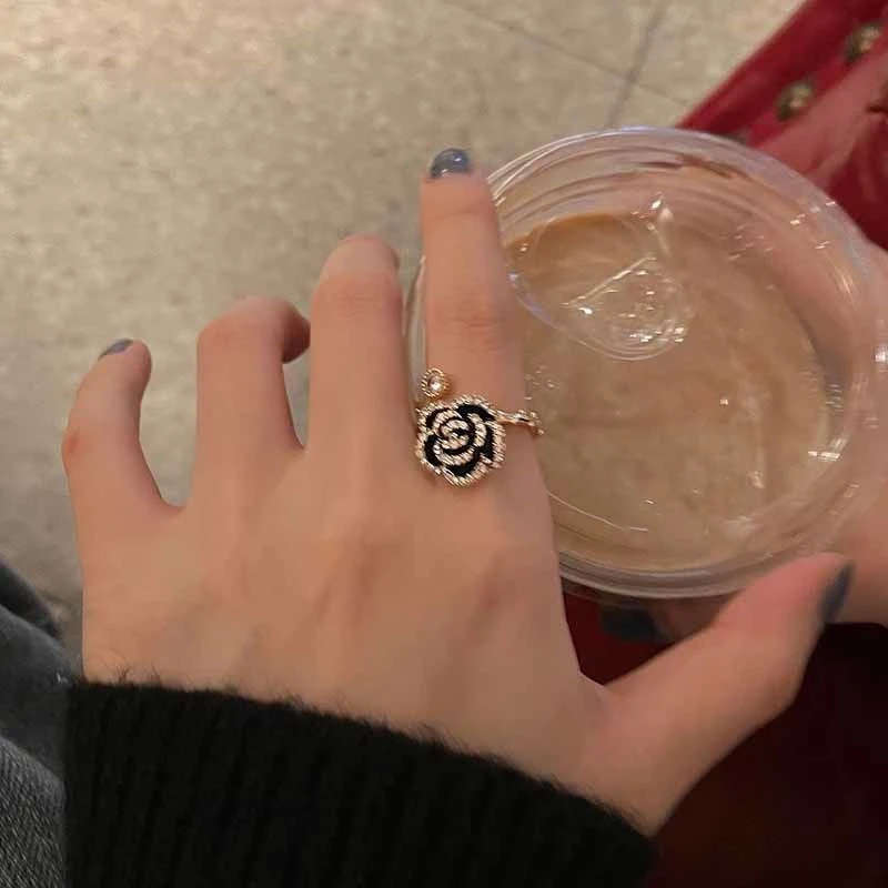轻奢百搭山茶花开口戒指女时尚小众设计感高级食指戒气质个性指环