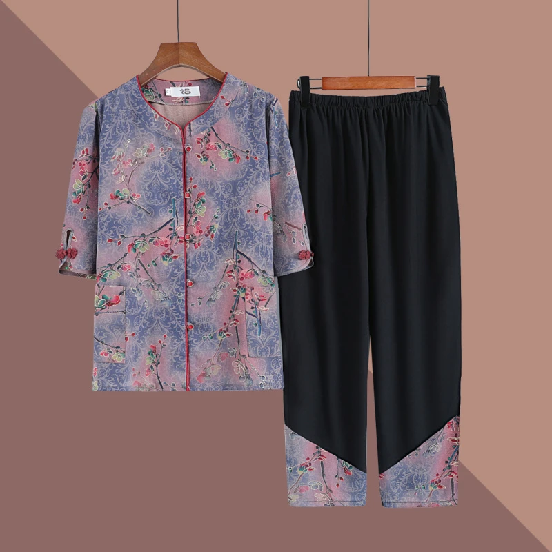 中老年人女装老人妈妈夏装套装60岁70太太上衣服婆婆两件套开衫