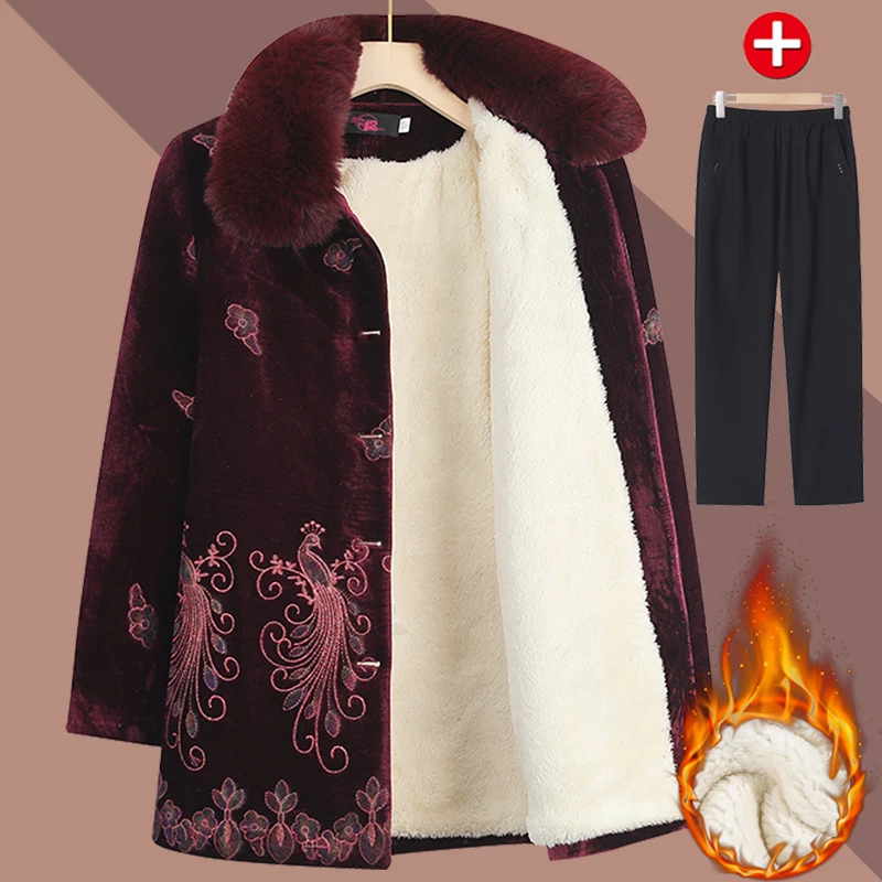 老年妈妈秋冬加厚洋气大衣老太太毛领加绒套装奶奶冬装棉袄外套