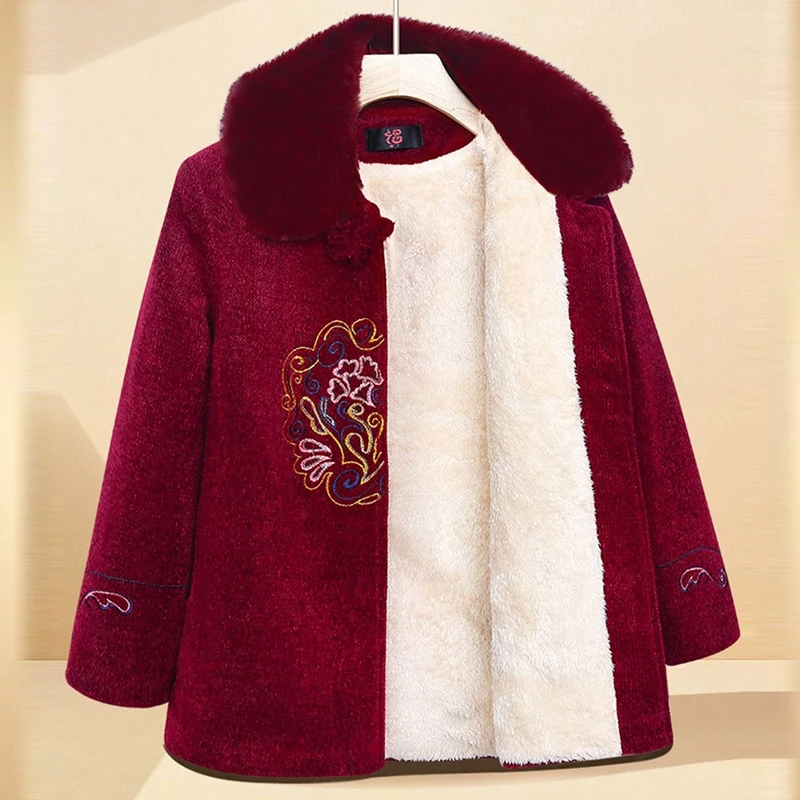 奶奶冬装加绒加厚大毛领上衣服60-70岁太太上衣服中老年女装唐装